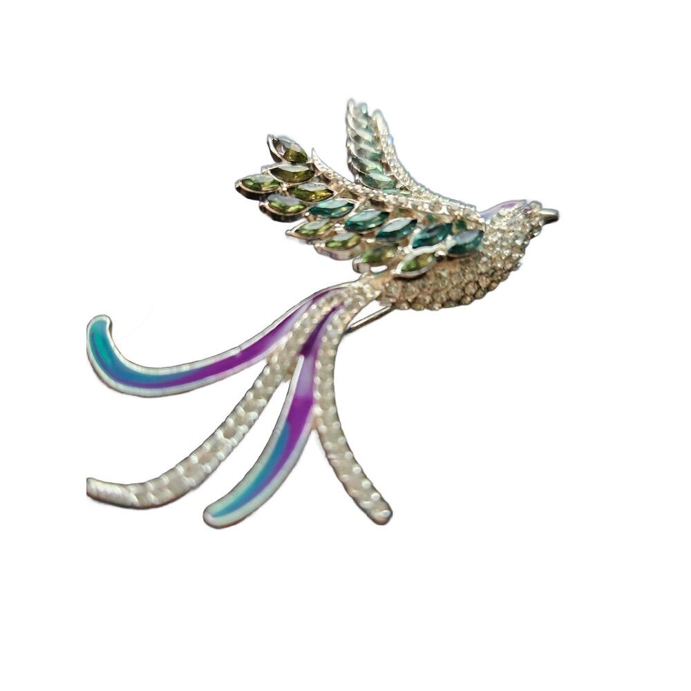 Crystal Encrusted Exotic Bird Brooch 3" Long